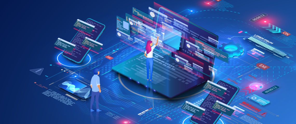 Vector image of marketing automation with computers and phones