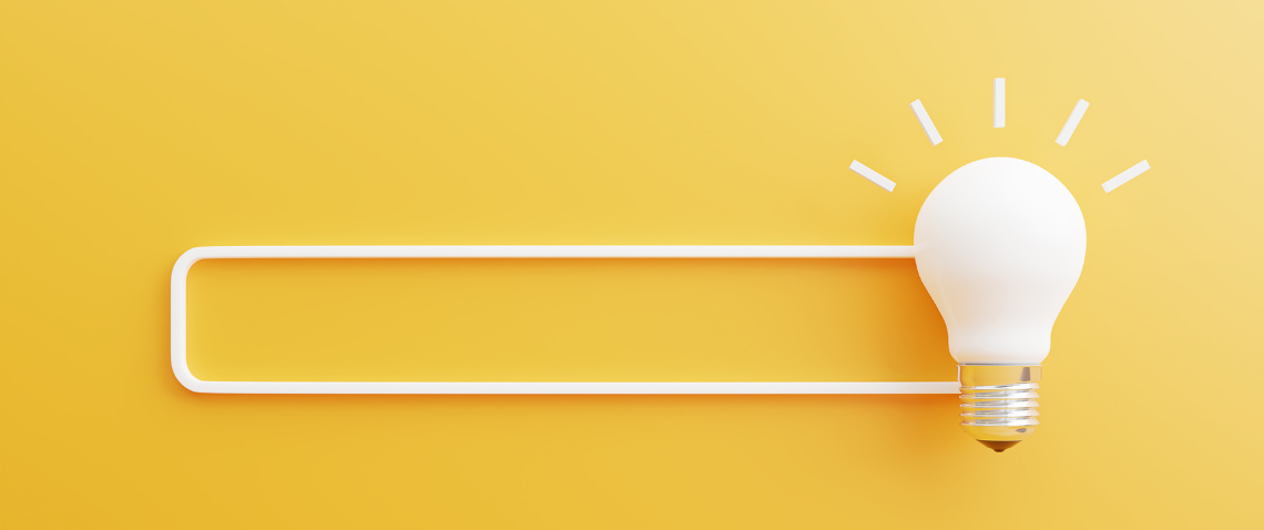 Yellow background with a #D search bar and light bulb, both in white.