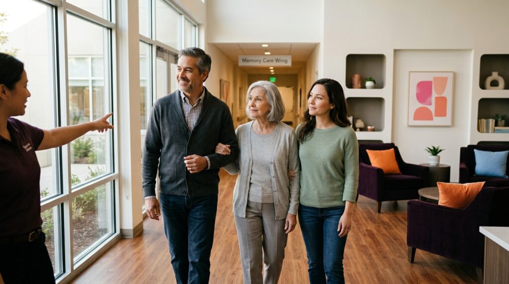 Staff member guiding three adults through a Memory Care Wing facility lobby with large windows and modern decor.