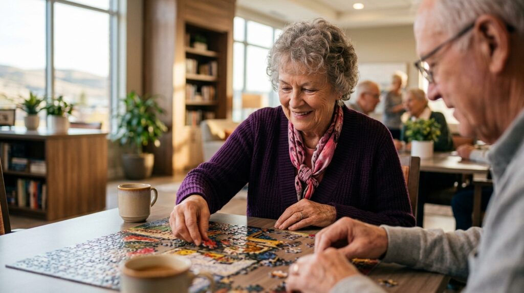 Two older adults assembling a jigsaw puzzle at a table with coffee cups in a bright senior community room.