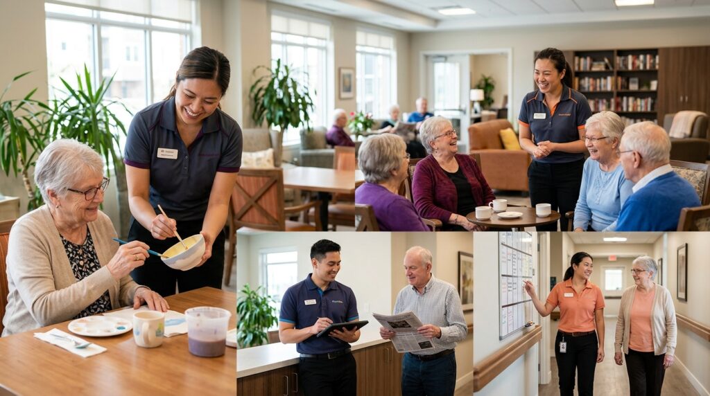 Collage of senior living facility scenes with caregivers assisting older adults in activities, conversation, and walking in common areas.
