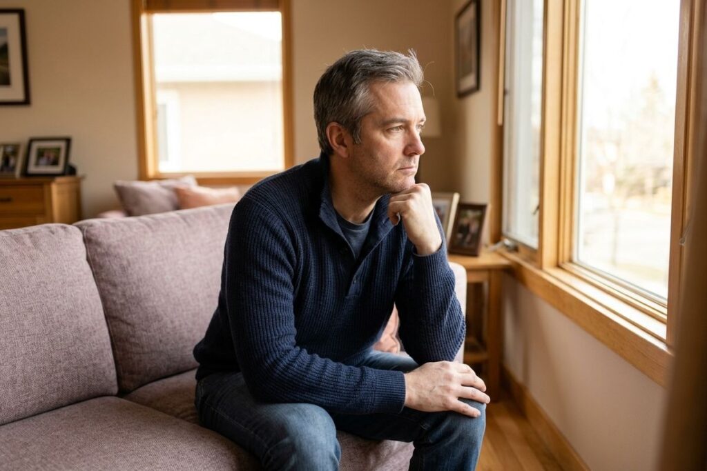 Adult in a dark sweater sits on a couch, hand on chin, gazing out a window with a pensive expression.