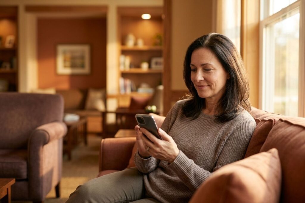 Adult smiling while looking at a smartphone, seated on a couch in a warmly lit living room near a window.