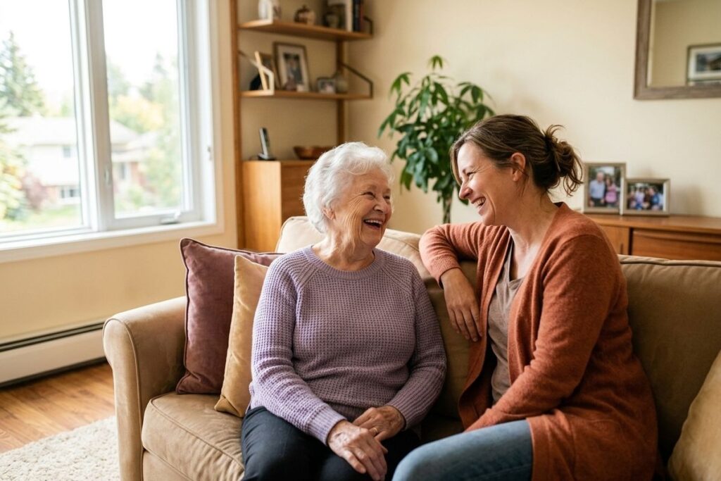 Two adults sitting on a couch in a living room, laughing together and looking at each other.