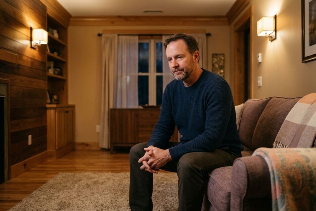 Person in a blue sweater sitting on a couch with hands clasped, looking pensive, in a warmly lit living room.