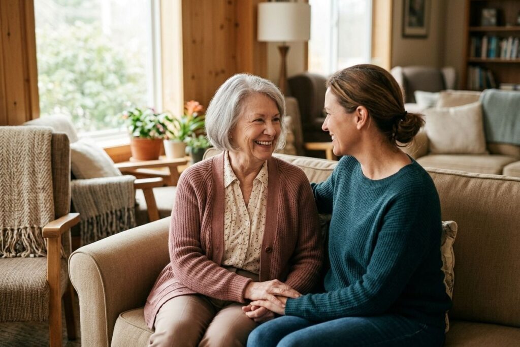 Two adults sitting on a couch holding hands, smiling at each other in a cozy living room.